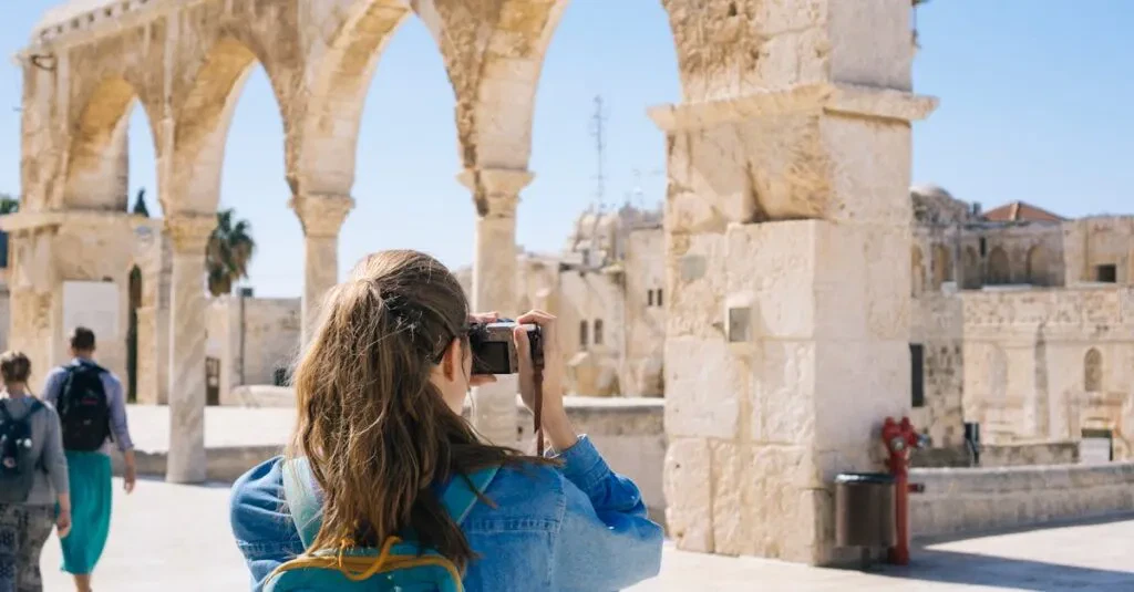 Woman Taking Pictures Of Ruins