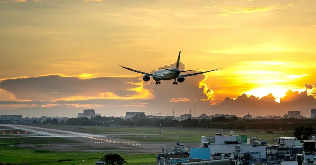 An Airplane About To Take Off During Sunset