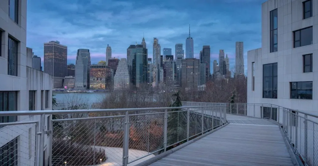 Capture Of The Iconic Manhattan Skyline Seen From A Bridge At Dusk.