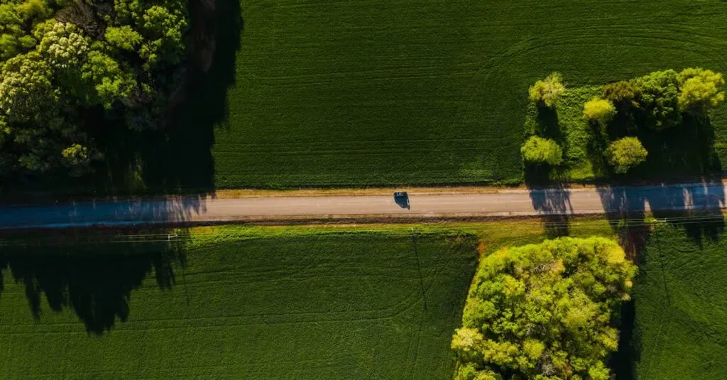 Aerial Shot Of A Car Driving On A Tranquil Road Through Lush Green Countryside On A Sunny Day.