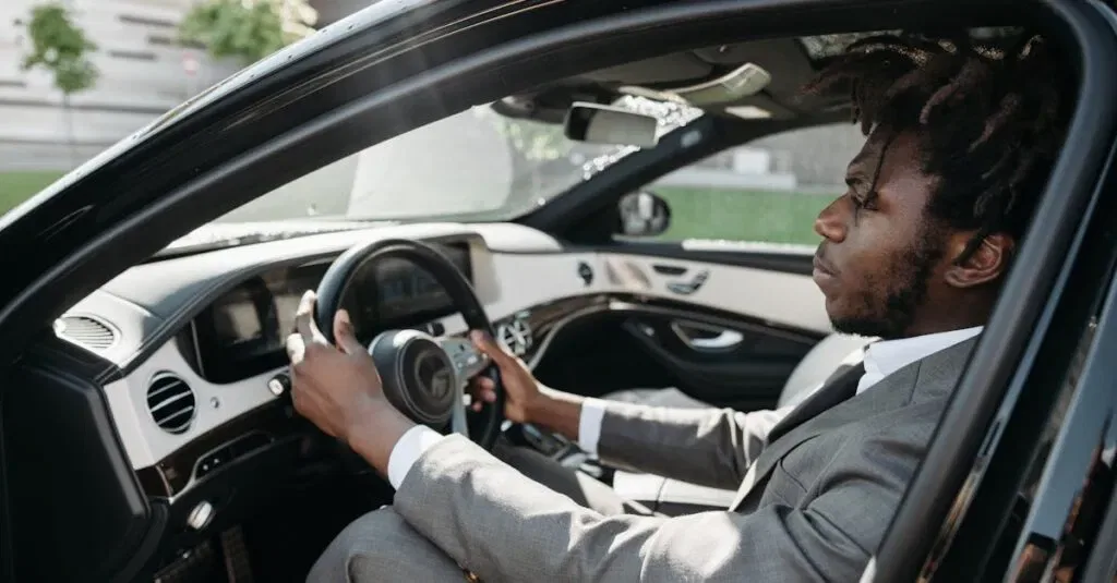 Confident Businessman With Dreadlocks Driving A Luxury Car In Formal Attire.