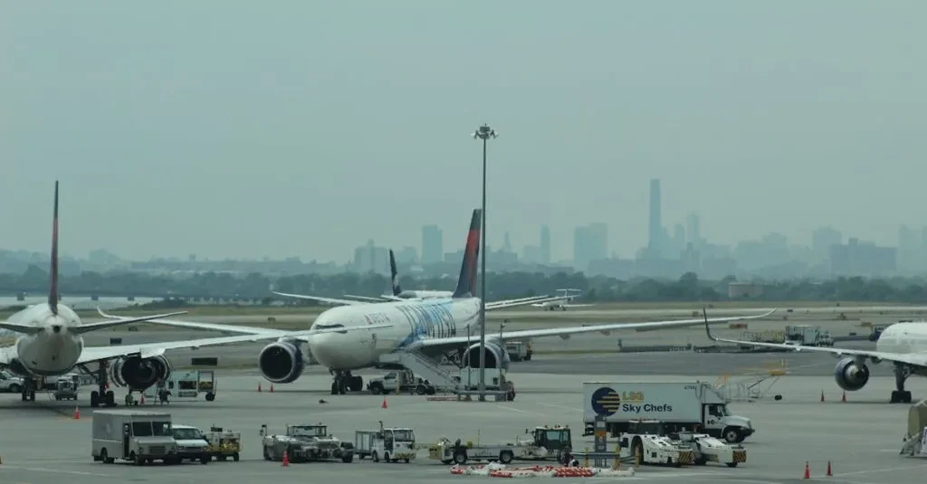Multiple Airplanes On An Airport Tarmac With City Skyline In The Background.