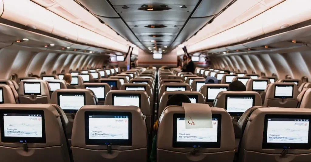 Comfortable Airplane Cabin Interior Featuring In-Flight Entertainment Screens On All Seats.