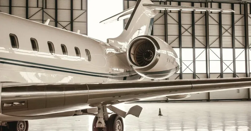 A Sleek Private Jet Parked Inside A Modern Hangar In Paris, France.