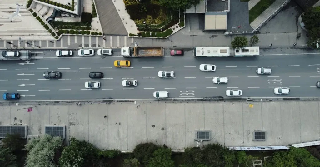Aerial Shot Of Cars And Buses On A Busy Road In Istanbul, Türkiye.