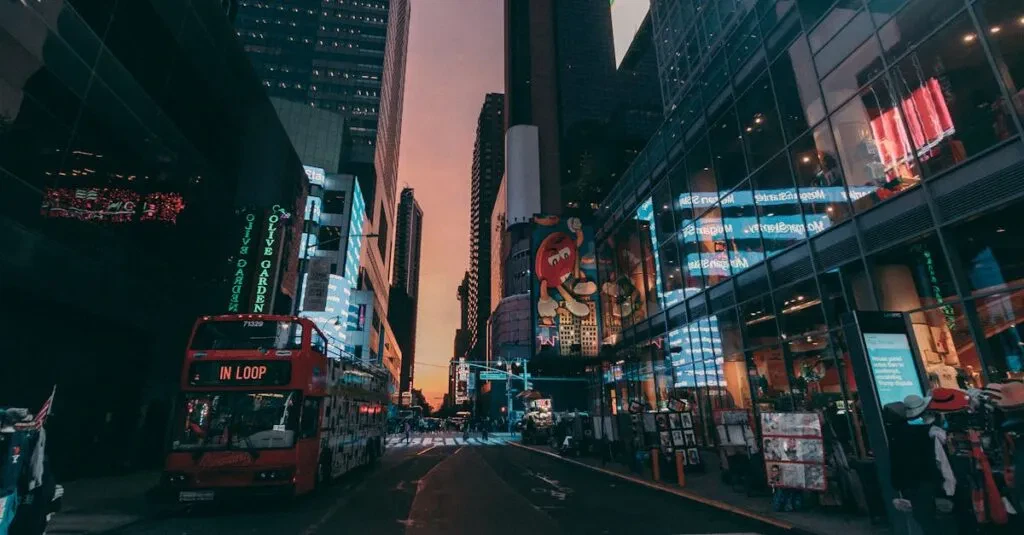 Dynamic Nyc Street Scene With Skyscrapers And Traffic At Dusk.