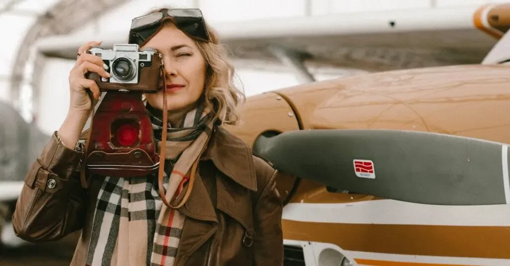 Fashionable Woman With Vintage Camera Posing By An Airplane In An Open Hangar.