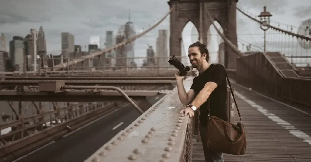Man Photographing On Brooklyn Bridge With New York City Skyline In Background.