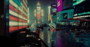 Luxury Car &Amp; Limo Services Articles &Amp; News 6 May 31, 2026 Two People With Umbrellas In Rainy Times Square, New York, Illuminated By Bright Digital Billboards.