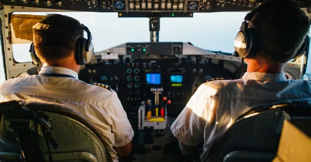 Two Pilots In Cockpit Navigating Airplane At High Altitude, Daylight