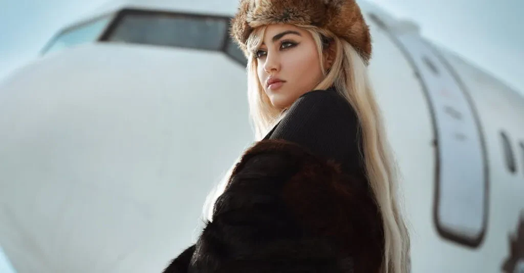 Stylish Woman In Fur And Hat Posing Near Aircraft In Winter Setting.