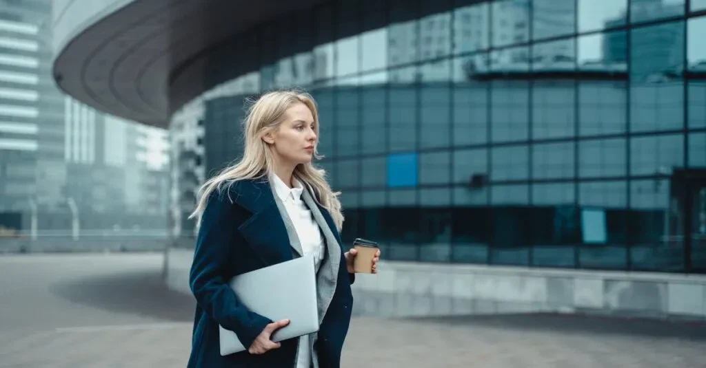 Confident Businesswoman Walking Outside Modern Office Building Holding Laptop And Coffee.