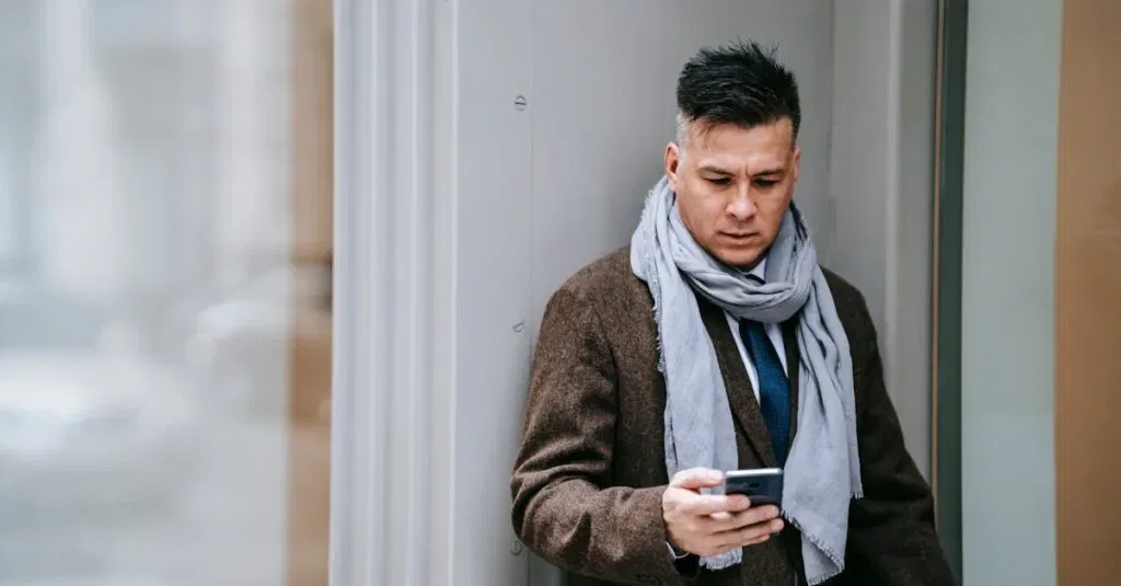 A Stylish Businessman Using A Smartphone Outside In Winter Attire, Conveying Modernity And Technology.