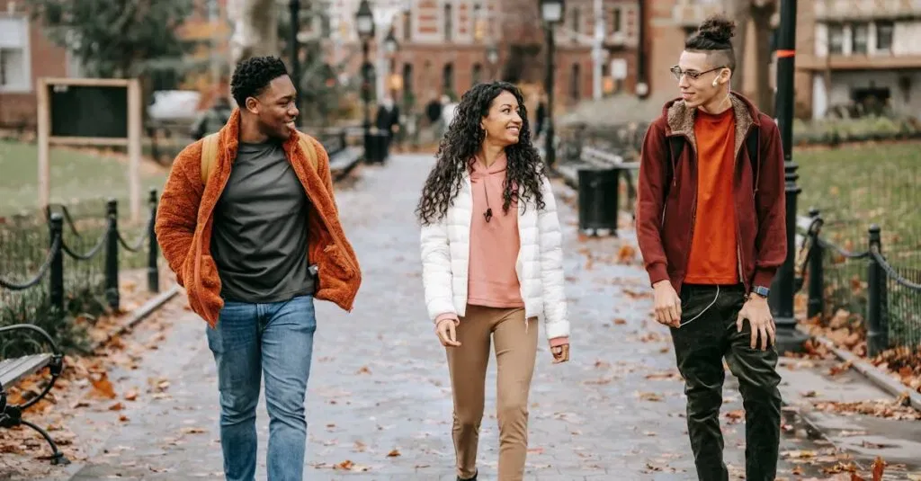 Three Friends Walking Together In Manhattan, Smiling As They Approach A Jetblack Hybrid Suv, Highlighting Eco-Friendly Limousine Options In Nyc For Group Adventures.