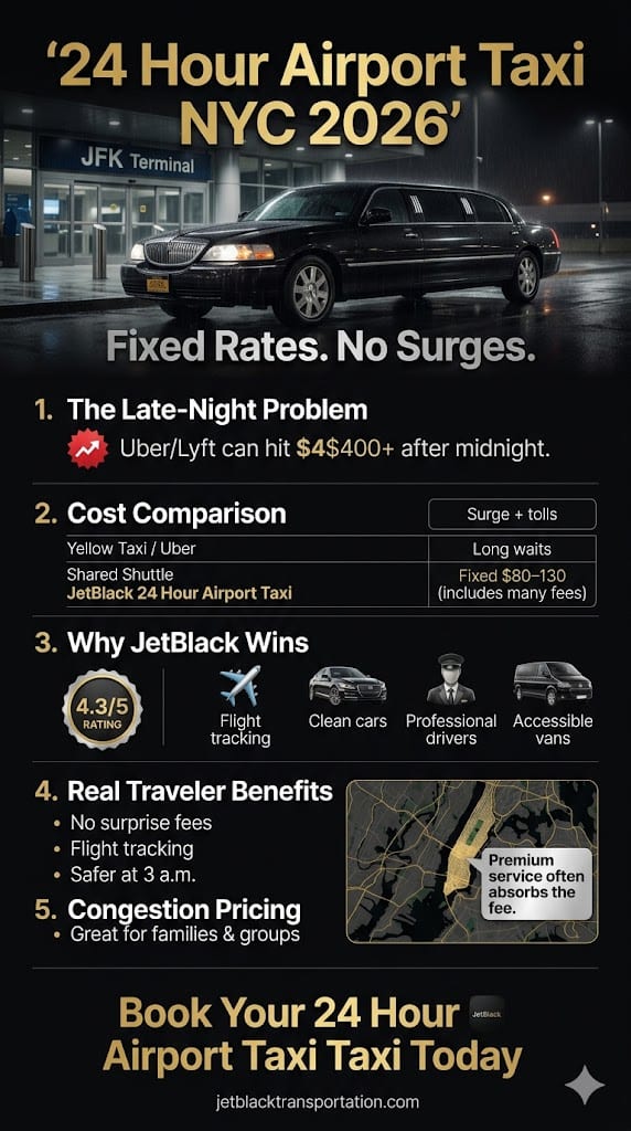 24 Hour Airport Taxi In Nyc 2026: Why Fixed-Rate Black Car Service Beats The Chaos (Even At 3 A.m.) 3 April 14, 2026 Infographic 24 Hour Airport Taxi