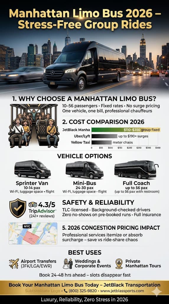 Manhattan Limo Bus: 5 Honest Comparisons For Corporate Bookers 2026 2 June 8, 2026 Infographic Manhattan Limo Bus