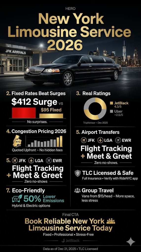 New York Limousine Service 2026: 5 Honest Comparisons 3 April 14, 2026 Infographic New York Limousine Service