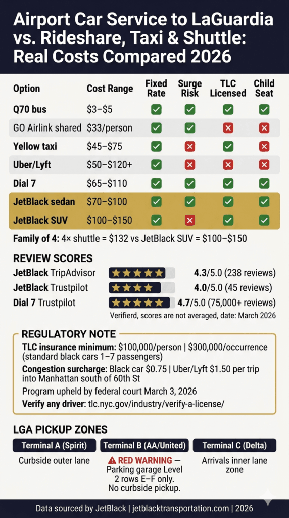 Laguardia Ground Transport Comparison Infographic Black Car Shuttle Rideshare Taxi 2026