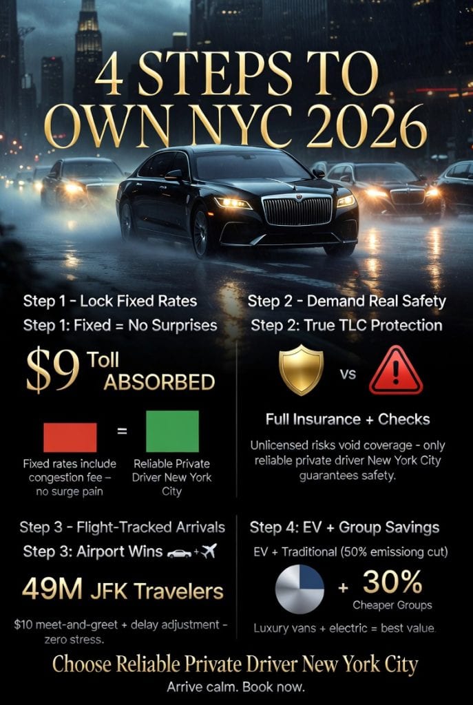 Reliable Private Driver New York City: Surviving 2026 Gridlock With Battle-Tested Rides 3 April 15, 2026 Infographic Reliable Private Driver New York City