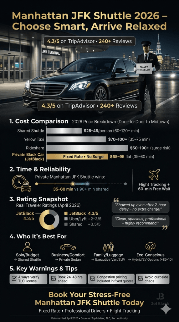 Create A Hyper-Realistic, Cinematic, Luxury-Style Vertical Infographic (1080X1920 Px, Perfect For Instagram Stories, Linkedin, And Blog Embeds) About Manhattan Jfk Shuttle In 2026: Best Airport Transfers From Jfk To Manhattan. Overall Aesthetic: Premium Black-Car Service Vibe With Deep Midnight Black Background, Elegant Metallic Gold And Silver Accents, Dramatic Cinematic Lighting, Subtle Lens Flare, High-End Photography Style, Sharp Details, 8K Resolution, Photorealistic Rendering. Use Modern Sans-Serif Fonts (Bold Montserrat For Headlines, Clean Inter For Body Text). Excellent Visual Hierarchy, Generous White Space, Never Cluttered. Color Palette: Deep Black, Metallic Gold, Silver, Subtle Teal Accents For Data Highlights. Layout From Top To Bottom: Hero Section (Top 25%): Huge Bold Headline In Gold: &Quot;Manhattan Jfk Shuttle 2026 – Choose Smart, Arrive Relaxed&Quot; Over A Cinematic Night Photo Of A Sleek Black Luxury Sedan Pulling Up At Jfk Terminal With A Professional Driver Holding A Name Sign, Manhattan Skyline Glowing In The Distant Background. Add Big Stat Overlay: &Quot;4.3/5 On Tripadvisor • 240+ Reviews&Quot;. Section 1 – Cost Comparison (Bar Chart): Punchy Title &Quot;2026 Price Breakdown (Door-To-Door To Midtown)&Quot;. Horizontal Bar Chart Comparing:  Shared Shuttle: $25–45/Person (60–120+ Min) Yellow Taxi: $70–100+ (35–75 Min) Rideshare: $50–190+ (Surge Risk) Private Black Car (Jetblack): $65–95 Flat (35–60 Min) Highlight Jetblack Bar In Gold With &Quot;Fixed Rate • No Surge&Quot; Badge. Section 2 – Time &Amp; Reliability: Timeline Graphic Showing Typical Travel Times. Icon Of Clock + Traffic. Text: &Quot;Private Manhattan Jfk Shuttle Wins: 35–60 Min Vs 90+ Min Shared&Quot;. Add &Quot;Flight Tracking + 60-Min Free Wait&Quot; Icon. Section 3 – Rating Snapshot (Donut/Pie Chart): &Quot;Real Traveler Ratings (April 2026)&Quot; – Jetblack 4.3/5 (Gold), Uber/Lyft ~2–3/5 (Gray), Shared ~3.5/5. Include Quote Bubbles: &Quot;Showed Up Even After 2-Hour Delay – No Extra Charge!&Quot; And &Quot;Clean, Spacious, Professional – Highly Recommend!&Quot; Section 4 – Who It’s Best For: Four Elegant Icons With Short Text:  Solo/Budget → Shared Shuttle Business/Comfort → Private Sedan Family/Luggage → Executive Van/Suv Eco-Conscious → Hybrid/Ev Options (+$5–10) Section 5 – Key Warnings &Amp; Tips: Clean Checklist In Silver Boxes:  Always Verify Tlc License Book 24–48 Hrs Ahead Congestion Pricing Included In Fixed Quotes Avoid Curbside Chaos Final Cta Section (Bottom 15%): Bold Gold Text &Quot;Book Your Stress-Free Manhattan Jfk Shuttle Today&Quot; With Subtle Jetblack Logo Placeholder And Call-To-Action: &Quot;Fixed Rate • Professional Drivers • Flight Tracking&Quot;. Small Line: &Quot;Data Verified April 2026 • Sources: Tripadvisor, Tlc, Port Authority&Quot;. Ultra-High Detail, Photorealistic Icons And Charts That Feel Premium And Modern, Perfect Alignment, Crisp Text Readable Even When Shared Small. Luxury Black-Gold-Silver Theme Throughout. Make It Look Like A High-End Travel Magazine Infographic.