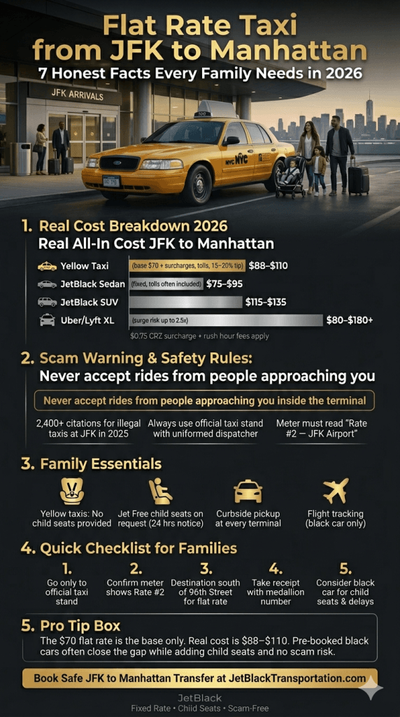 Flat Rate Taxi Jfk To Manhattan All Options 2026 Flat Rate Taxi Jfk To Manhattan Comparison Infographic Yellow Cab Black Car Rideshare Shuttle 2026