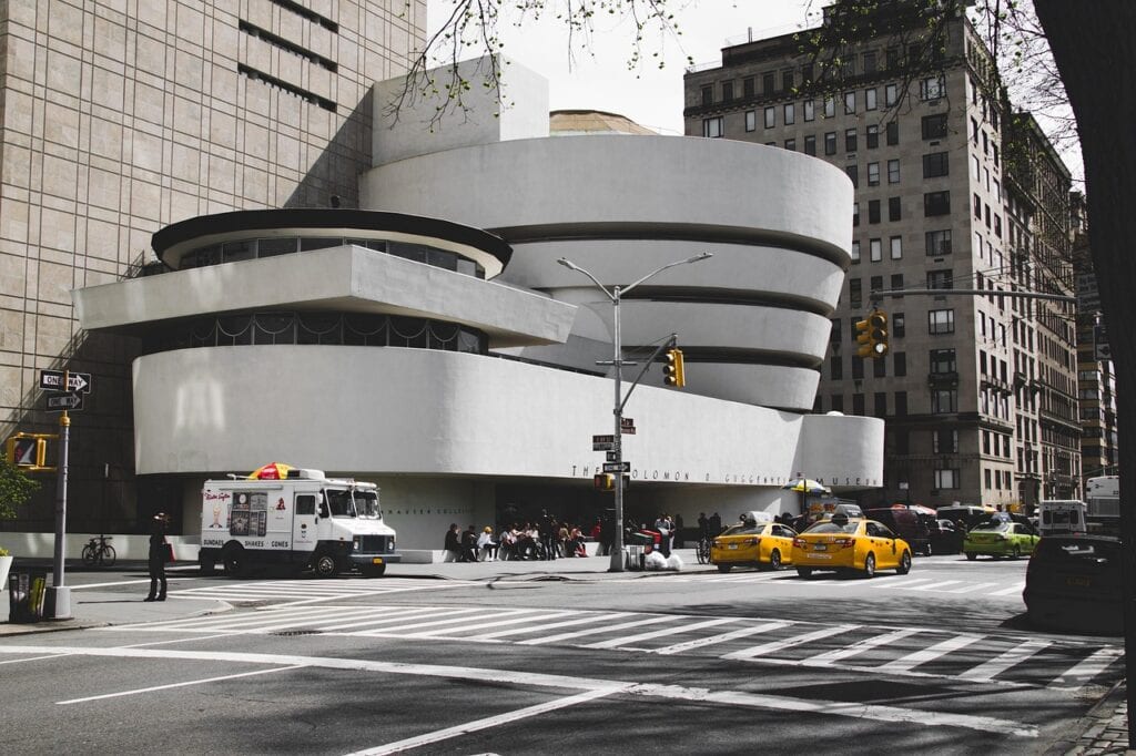Guggenheim Museum, New York, Usa, Art Gallery, Museum, Pedestrian Crossing, Traffic, Yellow Taxis, Street, New York Streets, Buildings, Architecture, Modern Building, Facade, Edifice, Landmark, Guggenheim Museum, New York, New York, New York, New York, New York, Art Gallery, Museum, Museum