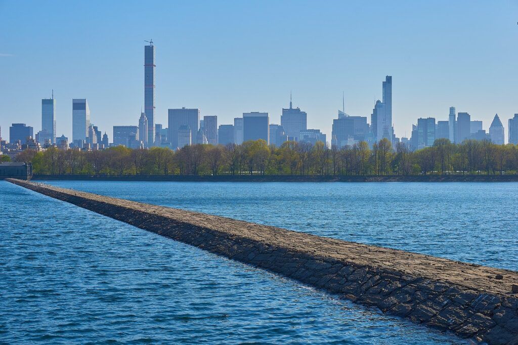 Water, Trees, Skyline, City, Central, Park, Reservoir, Levee, Divider, New, Nature, York