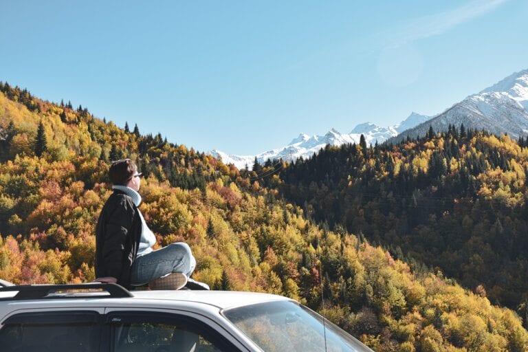 Young Woman, Car, Roof, Sitting, Mountains, Sky, Nature, Forest, Car Wallpapers, Spruce, Pine, Journey