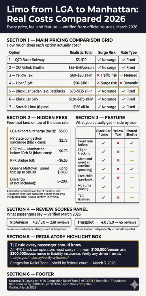 How Much Is A Limo From Lga To Manhattan Nyc For-Hire Vehicle Comparison Infographic 2026
