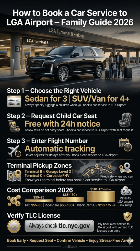 How To Book A Car Service To Lga Airport — Comparison 2026 How To Book A Car Service To Lga Airport Comparison Infographic 2026 Laguardia Ground Transportation Options Family