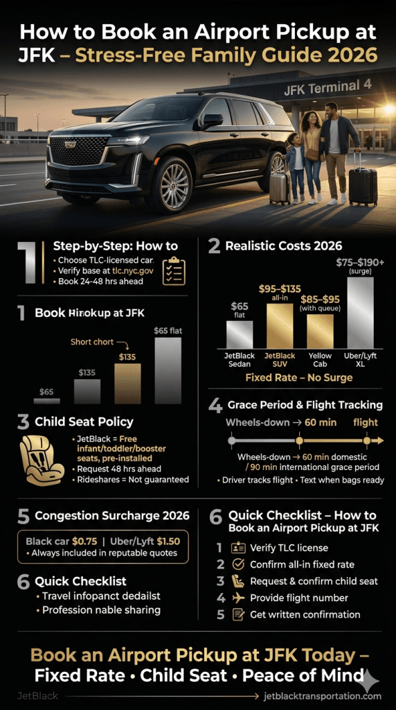 How To Book An Airport Pickup At Jfk Infographic Comparing Black Car Service Yellow Cab Rideshare Costs And Features 2026