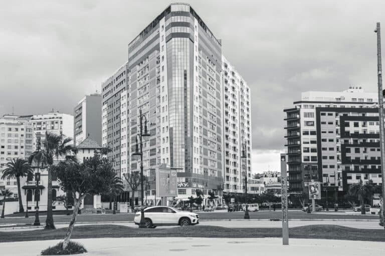 Black And White Photo Capturing The Modern Urban Architecture In Tangier, Morocco.