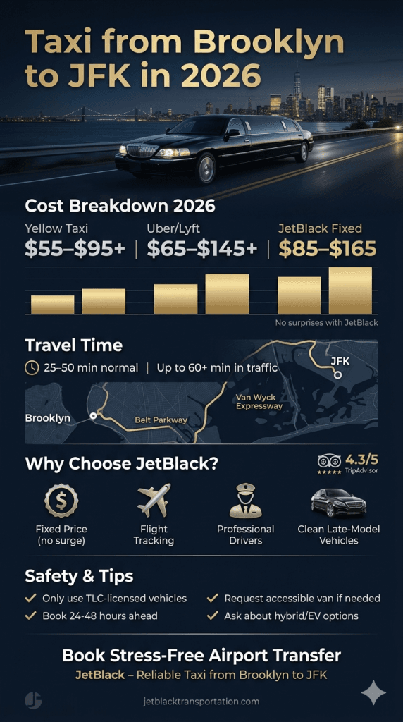 Easy-To-Read Comparison Of Taxi From Brooklyn To Jfk Choices Including Yellow Taxi, Rideshare, And Premium Black Car