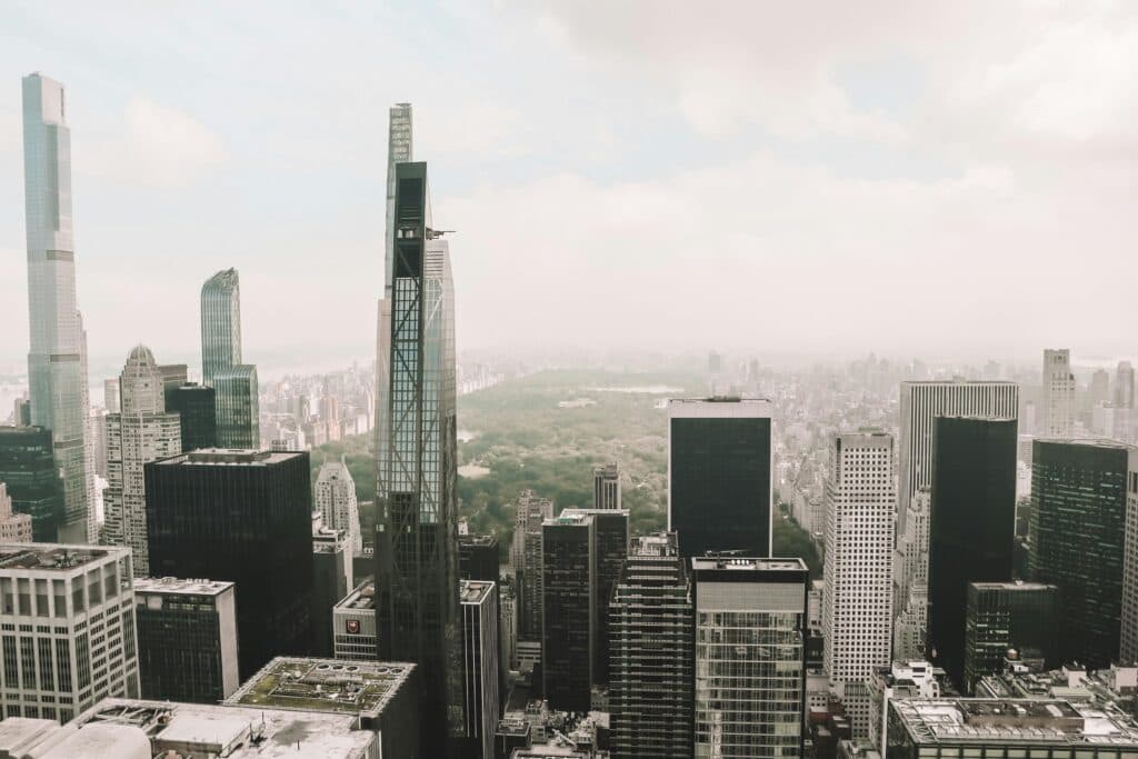 Stunning Aerial View Of Manhattan Skyline With Central Park In The Background, Nyc.