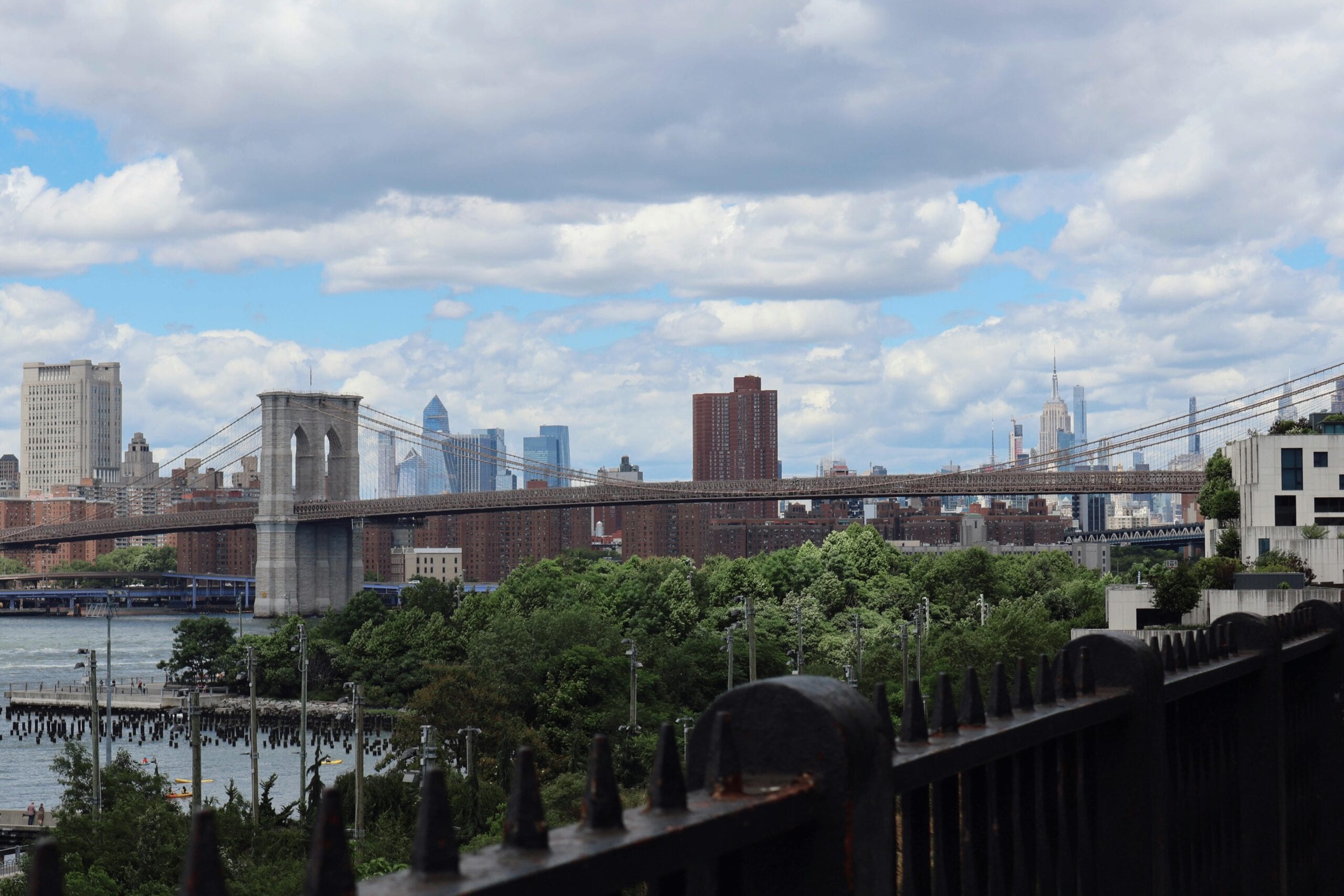 Beautiful View Of The Brooklyn Bridge Against The Nyc Skyline On A Clear Day.