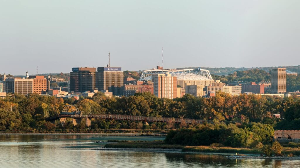 Panoramic View Of Syracuse, New York Skyline Above Onondaga Lake During Fall.