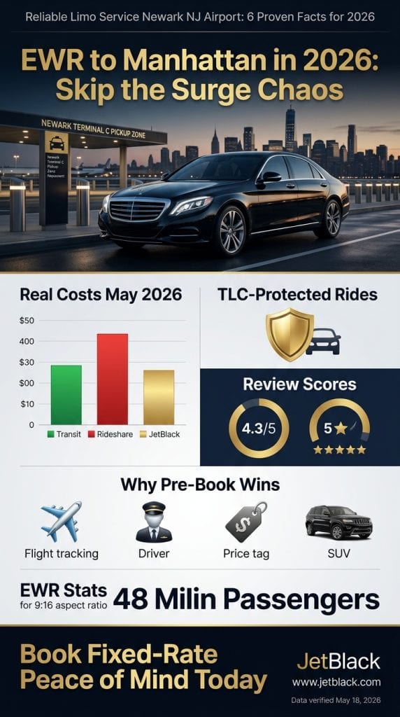 Reliable Limo Service Newark Nj Airport Comparison Infographic 2026 — Black Cars, Rideshare, Taxis, Transit Across Pricing, Tlc Licensing, And Surge Risk