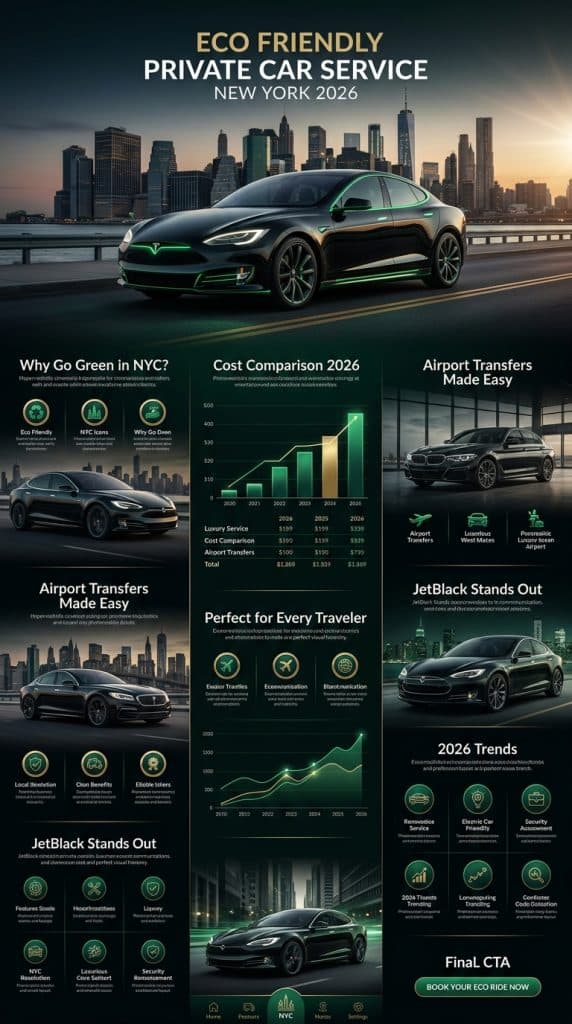 Comprehensive Infographic On Eco Friendly Private Car Service New York Benefits Including Costs, Emissions, And Ratings