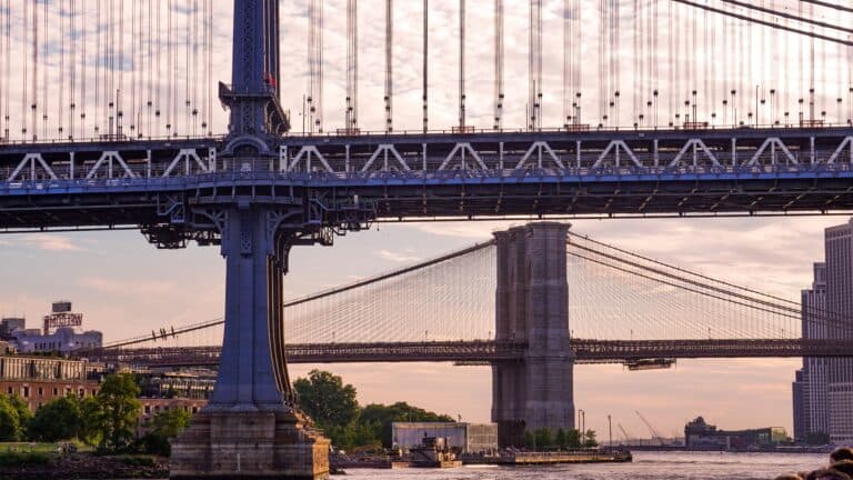 A Captivating View Of The Iconic Manhattan And Brooklyn Bridges Over The River At Sunset In New York City.