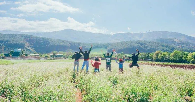 A Group Of People Jumping With Joy In A Beautiful Countryside Field Surrounded By Mountains And Clear Skies.