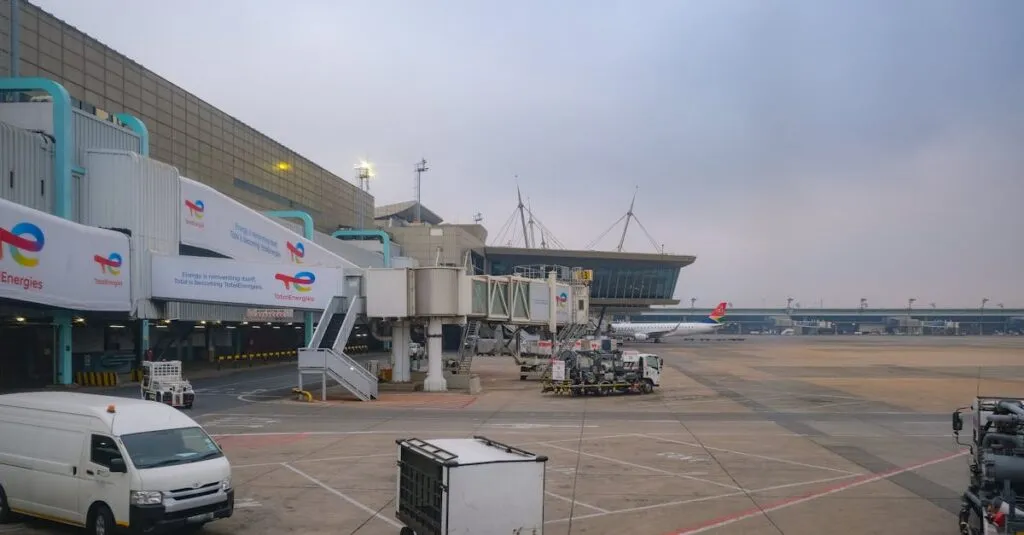 Best Van Service to Newark Airport from Port Authority: Tips & Suggestions for a Comfortable Ride 4 View of an airport apron showcasing vehicles, tarmac, and gates on a cloudy day.
