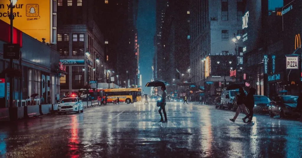 A Rainy Evening In New York City With People Crossing A Wet Street Under Umbrellas.