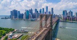 Breathtaking Aerial View Of The Iconic Brooklyn Bridge And Manhattan Skyline Under A Clear Sky.
