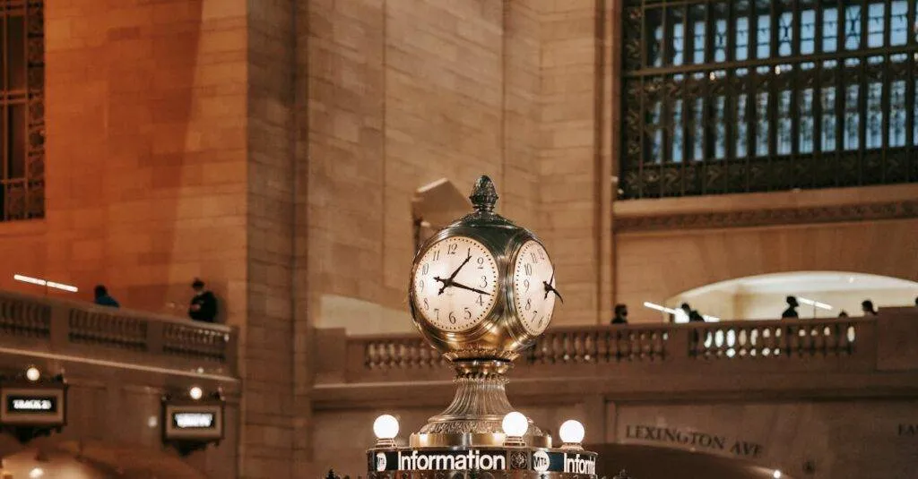 Interior Of Grand Central Terminal Featuring Its Iconic Clock Over The Information Booth.