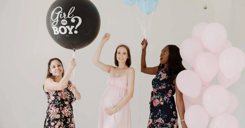 Three Women Celebrate At A Gender Reveal Party With Balloons, Creating A Fun And Happy Atmosphere.