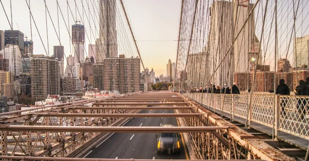 Stunning View Of The Brooklyn Bridge With A Modern City Skyline During Sunset.