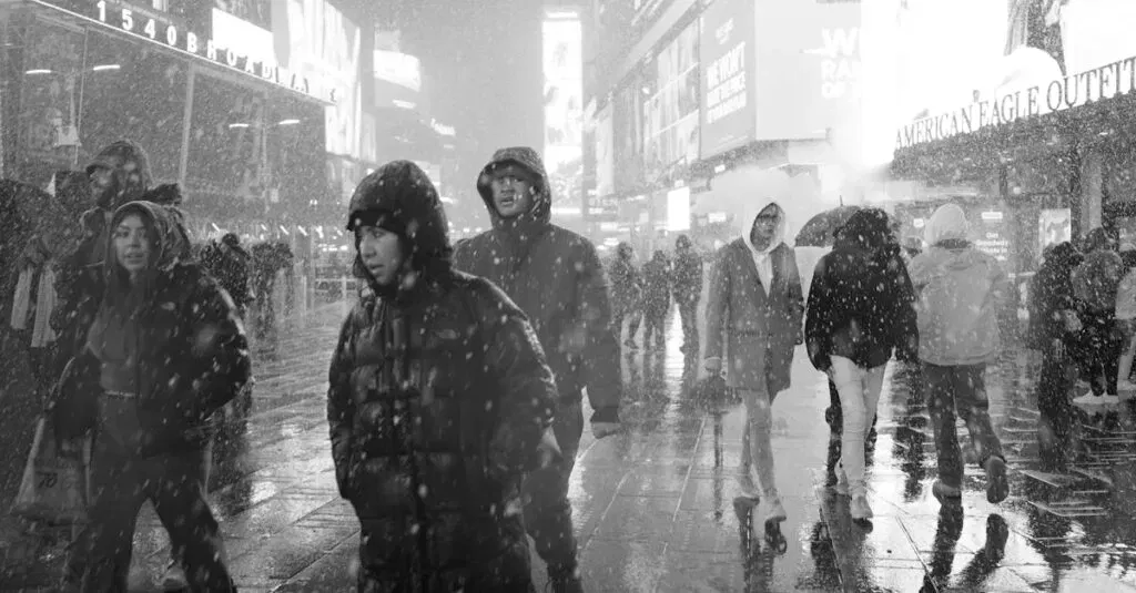 Landing Pages 1 April 4, 2026 People Walking In The Snowy Streets Of Times Square, New York City During Winter.
