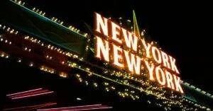Bright Neon Lights Of The New York New York Sign Glowing At Night In Vibrant Colors.