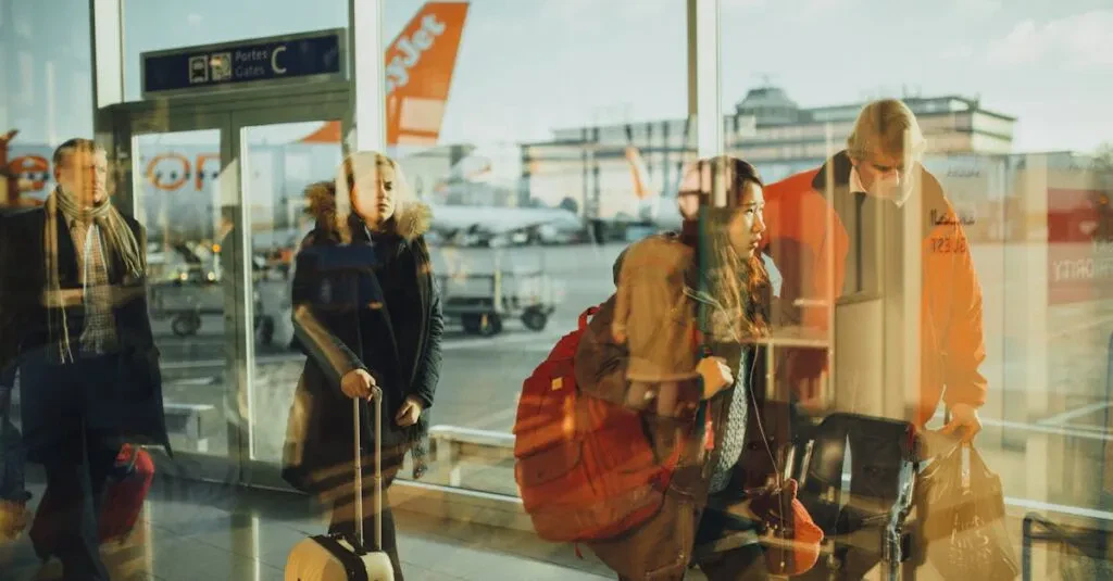 Passengers Moving Through An Airport Gate Area With Visible Airplanes Outside.