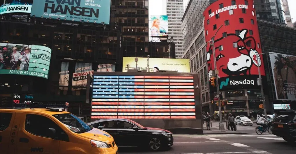 Dynamic View Of Times Square With Iconic Billboards And Yellow Taxi In New York City.
